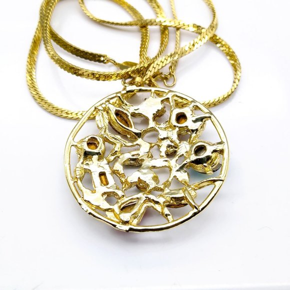 Glitz and Glam Medallion Pendant Necklace on Gold Tone Herringbone Chain - Picture 6 of 6
